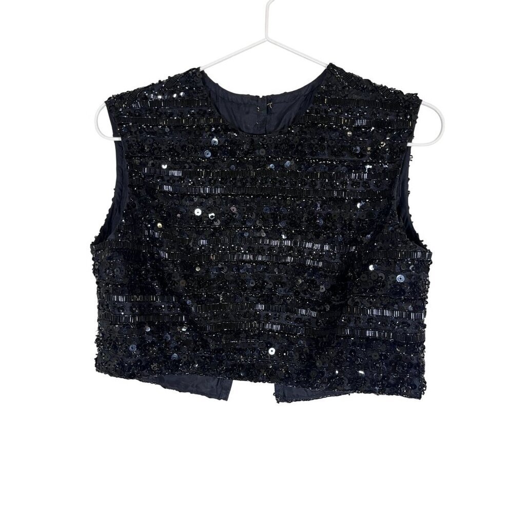 Vintage Beaded Sequin Top XS Black Retro Classic Glam Chic Shiny Resort Preppy